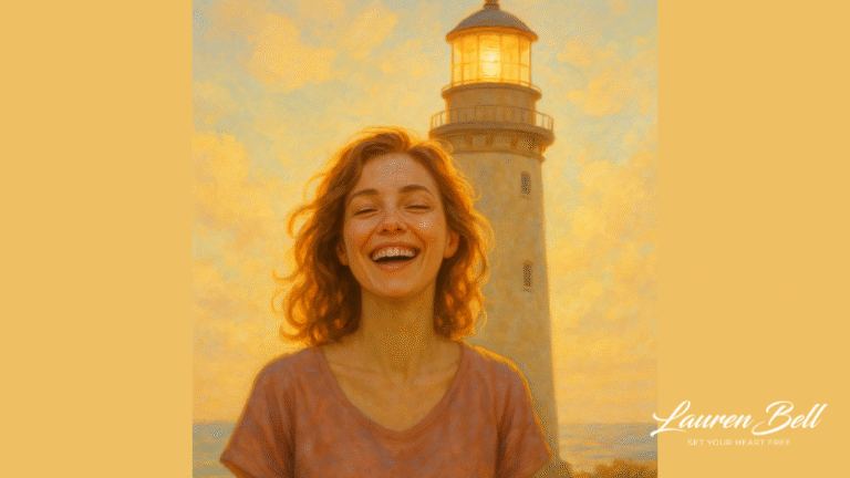 A radiant woman smiles in golden light with a lighthouse behind her, symbolising her journey from self-denial to self-honouring. Once afraid to receive, she now gives from overflow—embodying the lighthouse she always sensed she was meant to be.