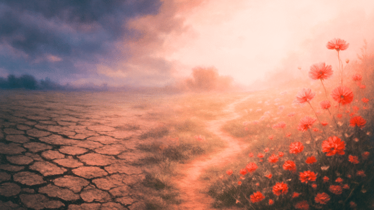 An artistic contrast showing barren land beside vibrant growth, symbolising scarcity and possibility.