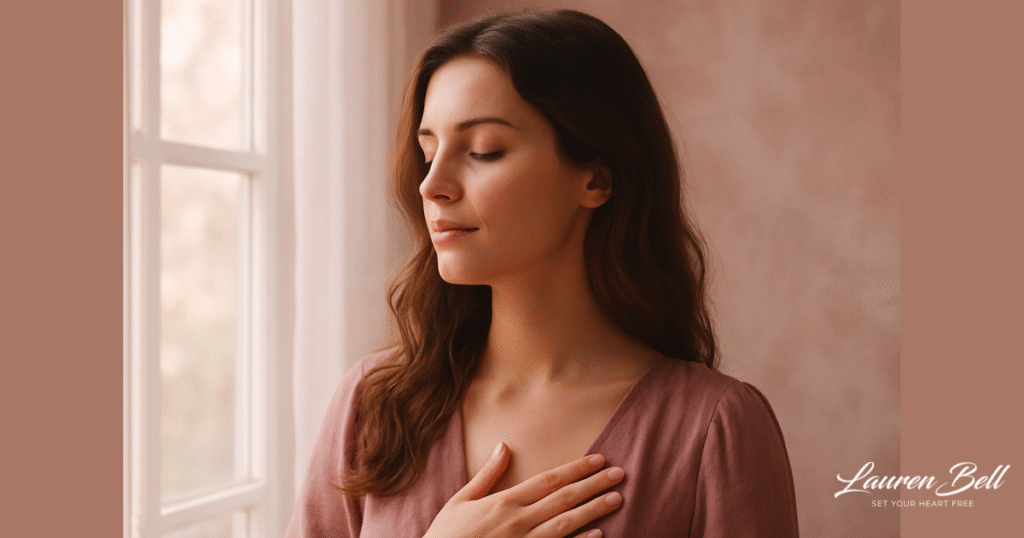 A soft-lit portrait of a woman standing by a window with her hand over her heart. She gazes out in quiet reflection, surrounded by warm light—capturing a moment of inward contemplation, longing, and connection to self.